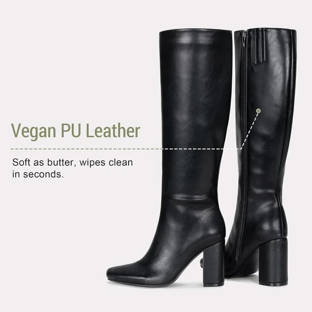 Women's Black Chunky Blocked Heel Squared Toe Long Boot Inside Zipper Tall Boots